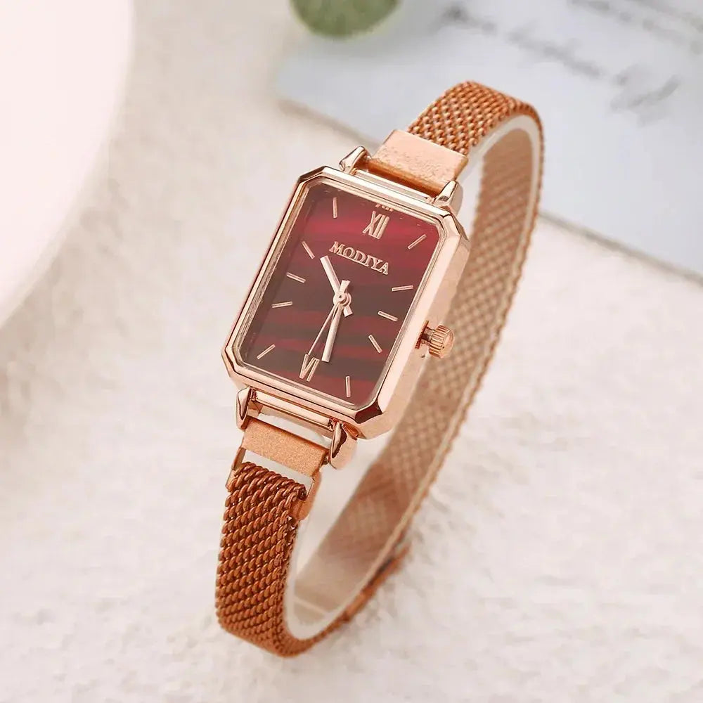 Alcom Distribution rose gold fashion ladies watch rectangular case burgundy sunburst dial rose gold mesh band elegant