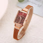 Alcom Distribution rose gold fashion ladies watch rectangular case burgundy sunburst dial rose gold mesh band elegant