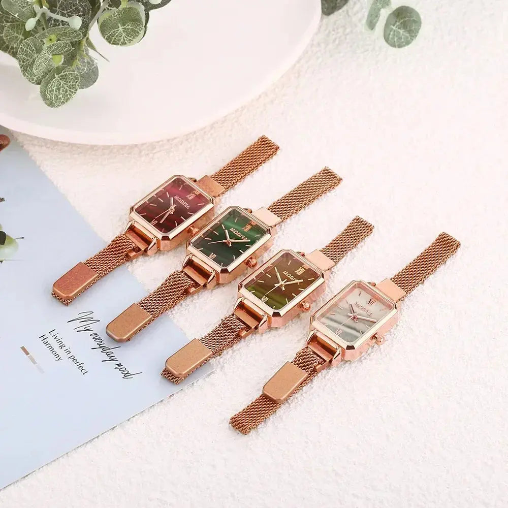 Alcom Distribution rose gold fashion ladies watch set of four rectangular dial mesh band watches in red green olive and cream