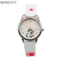 Cute cat pattern girls watch with white band and pink flower details by Alcom Distribution