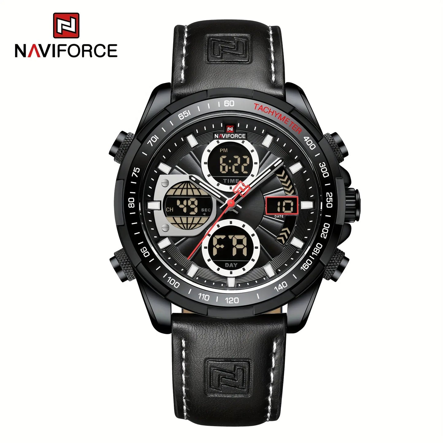Naviforce leather waterproof watch for men with black dial and stitched black leather strap