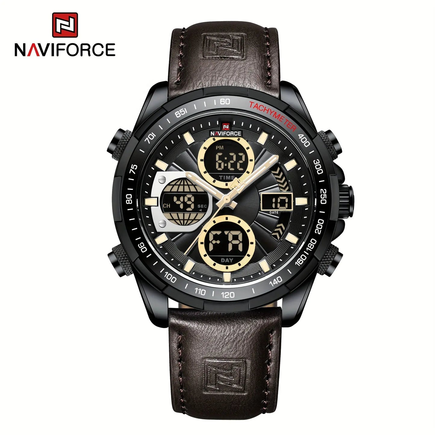 Naviforce leather waterproof watch for men with black dial and brown leather strap by Alcom Distribution