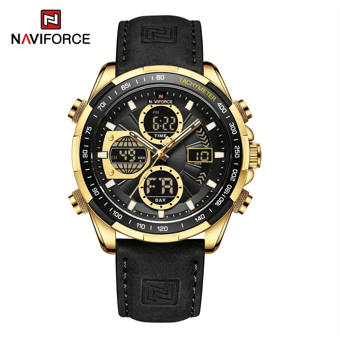 Naviforce leather waterproof watch for men with black dial gold case and black leather strap