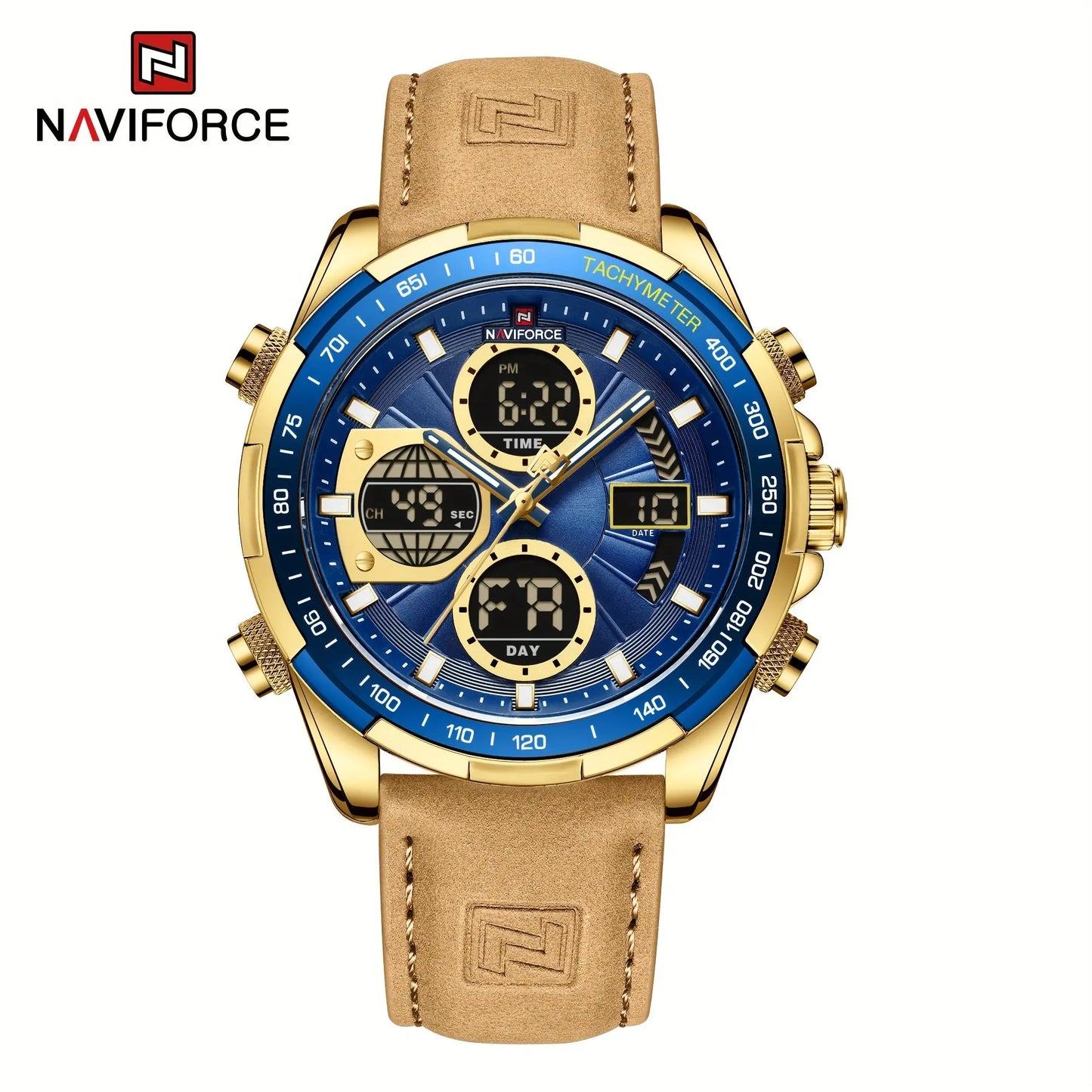 Naviforce leather waterproof watch for men with blue dial and gold case by Alcom Distribution