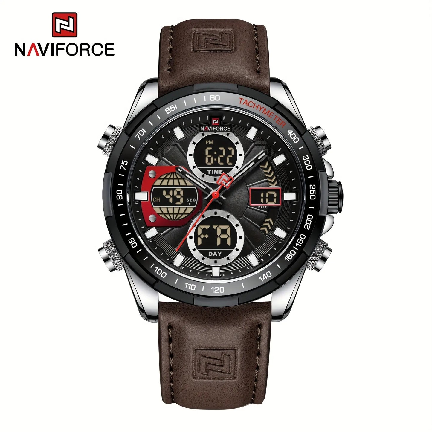 Naviforce leather waterproof watch for men with brown leather strap and multifunction dial