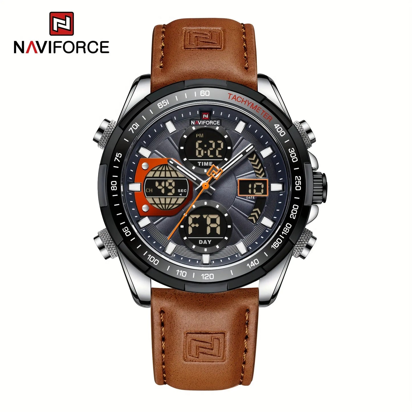 Naviforce leather waterproof watch for men with brown leather strap and black multifunction dial