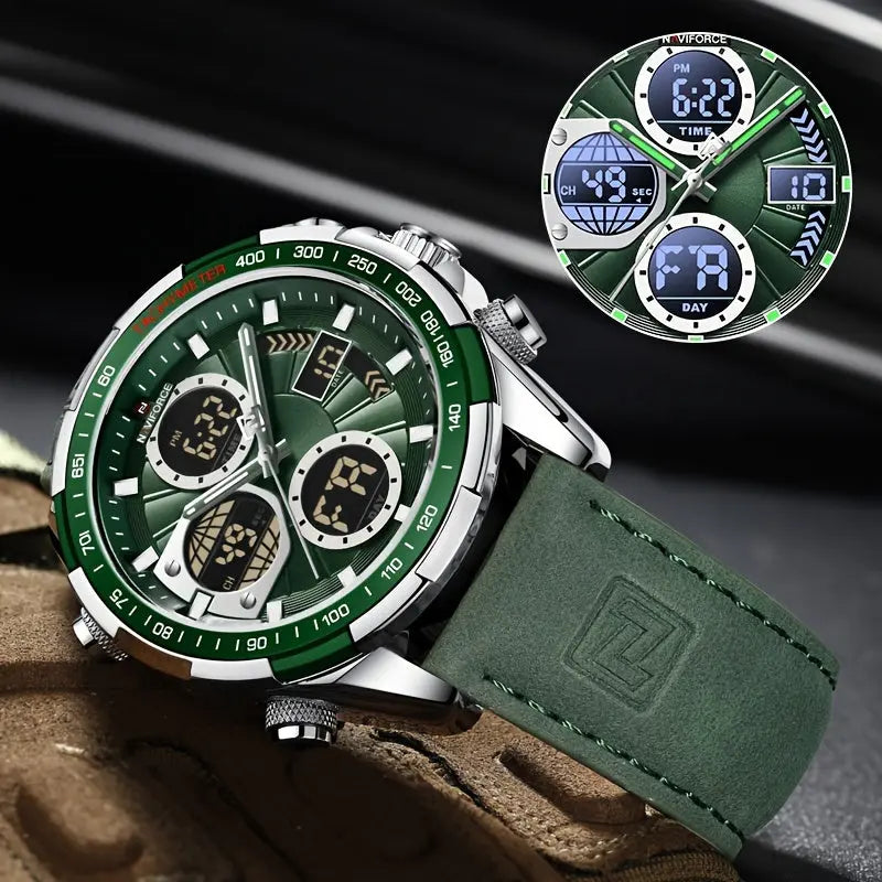 Alcom Distribution leather waterproof watch for men with green dial and leather strap