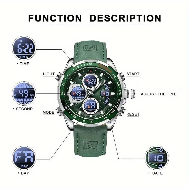 Alcom Distribution leather waterproof watch for men with green band and multifunction digital and analog display