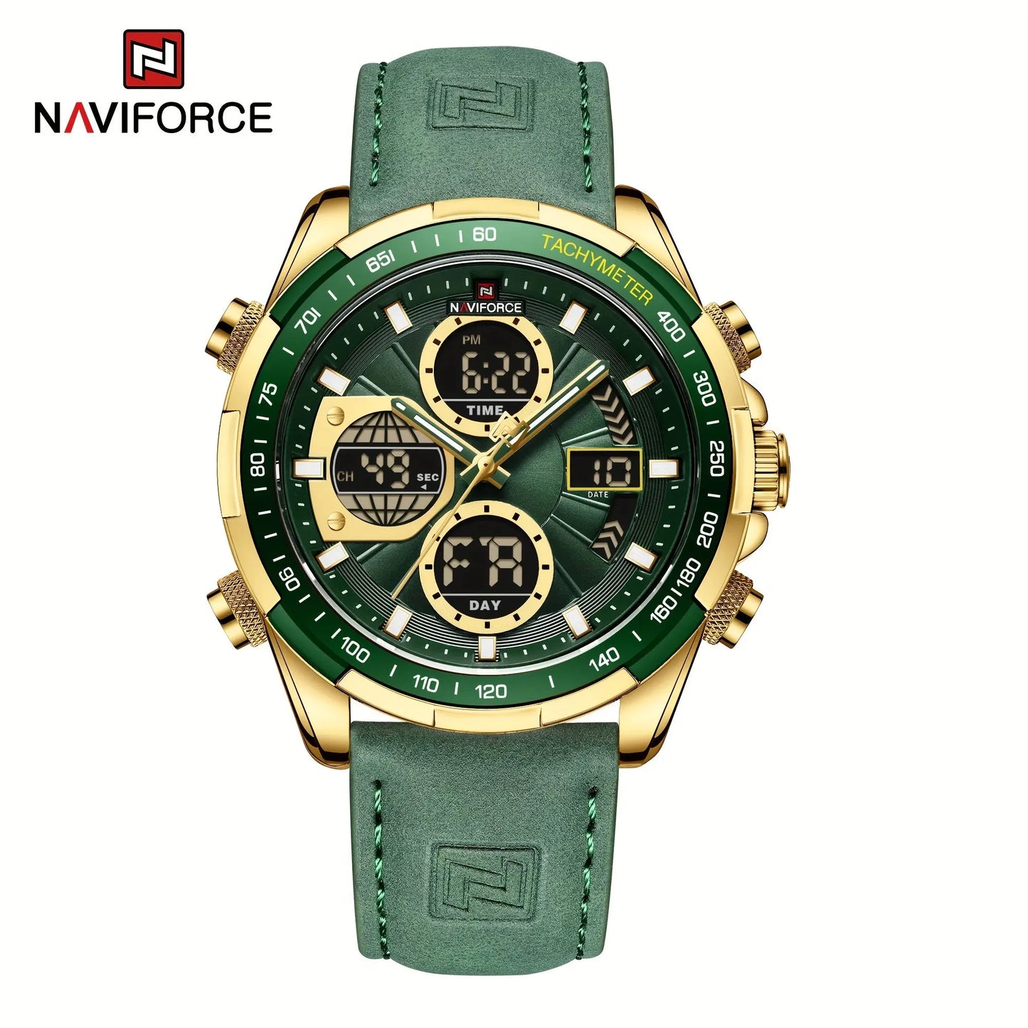 Naviforce leather waterproof watch for men with green strap and gold-tone case