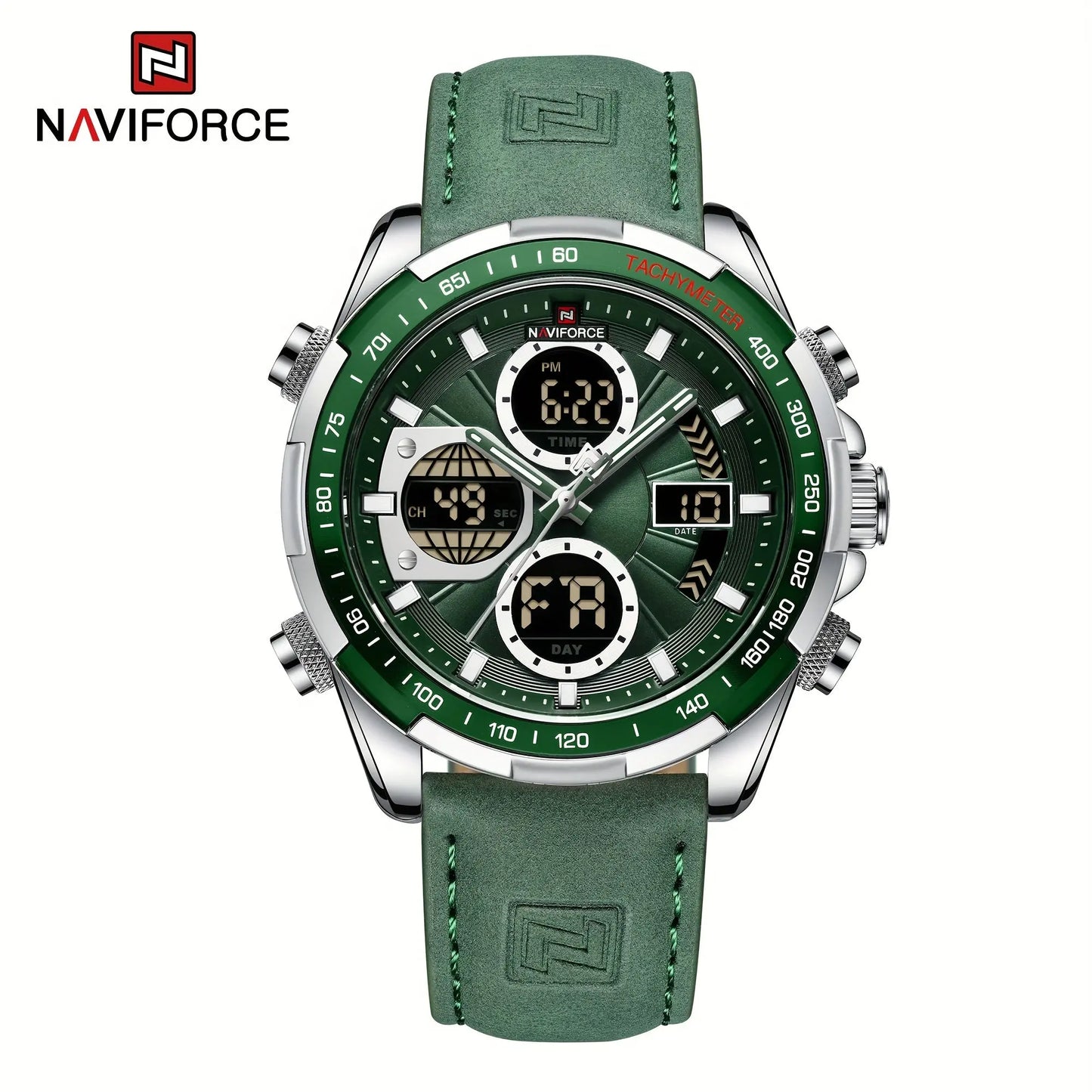 Naviforce leather waterproof watch for men with green strap and multifunctional dial