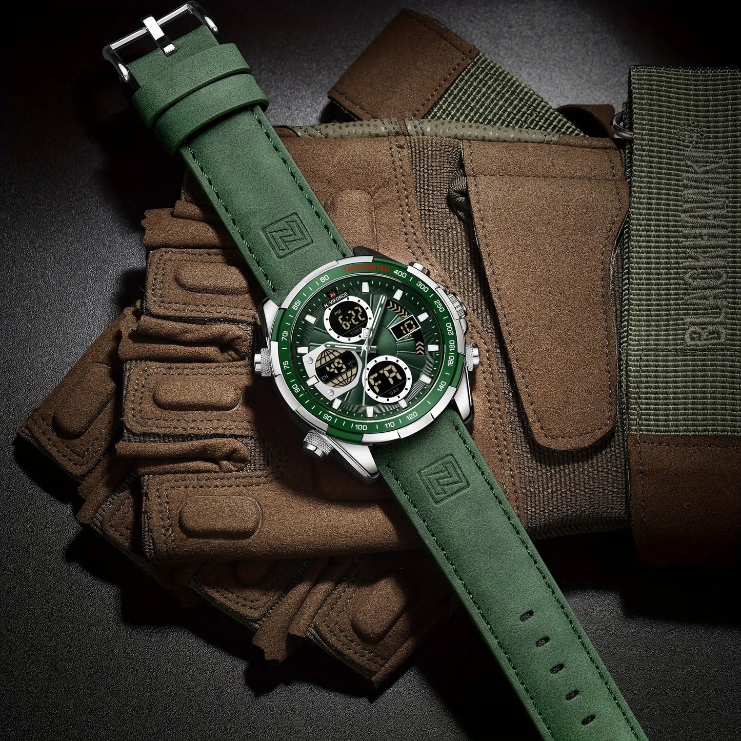Alcom Distribution leather waterproof watch for men with green strap and chronograph on tactical gloves