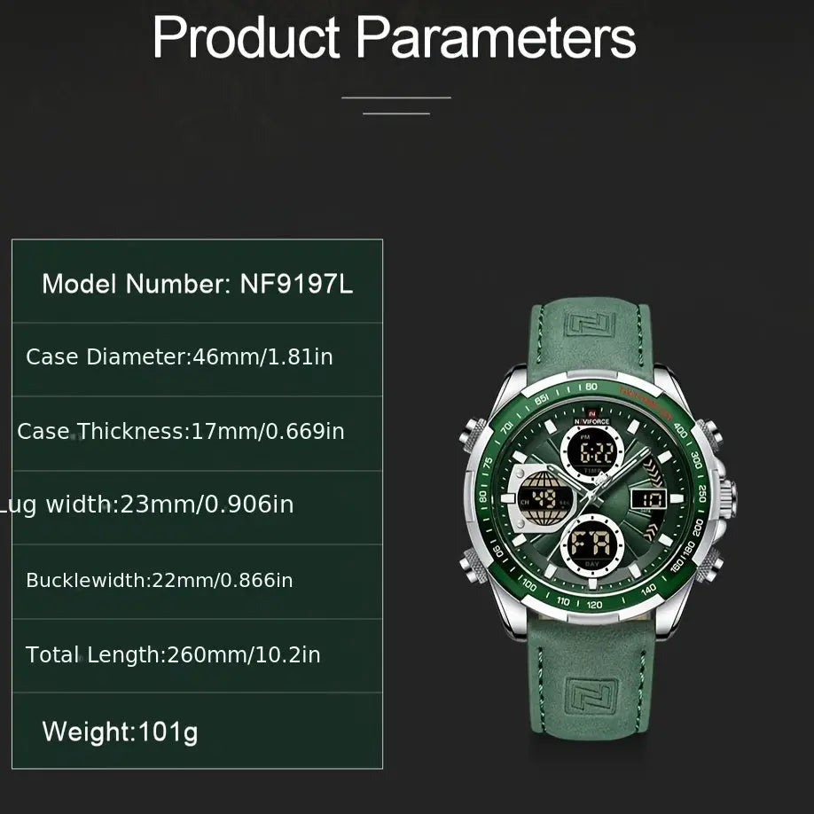 Leather waterproof watch for men by Alcom Distribution with green strap and multiple dials