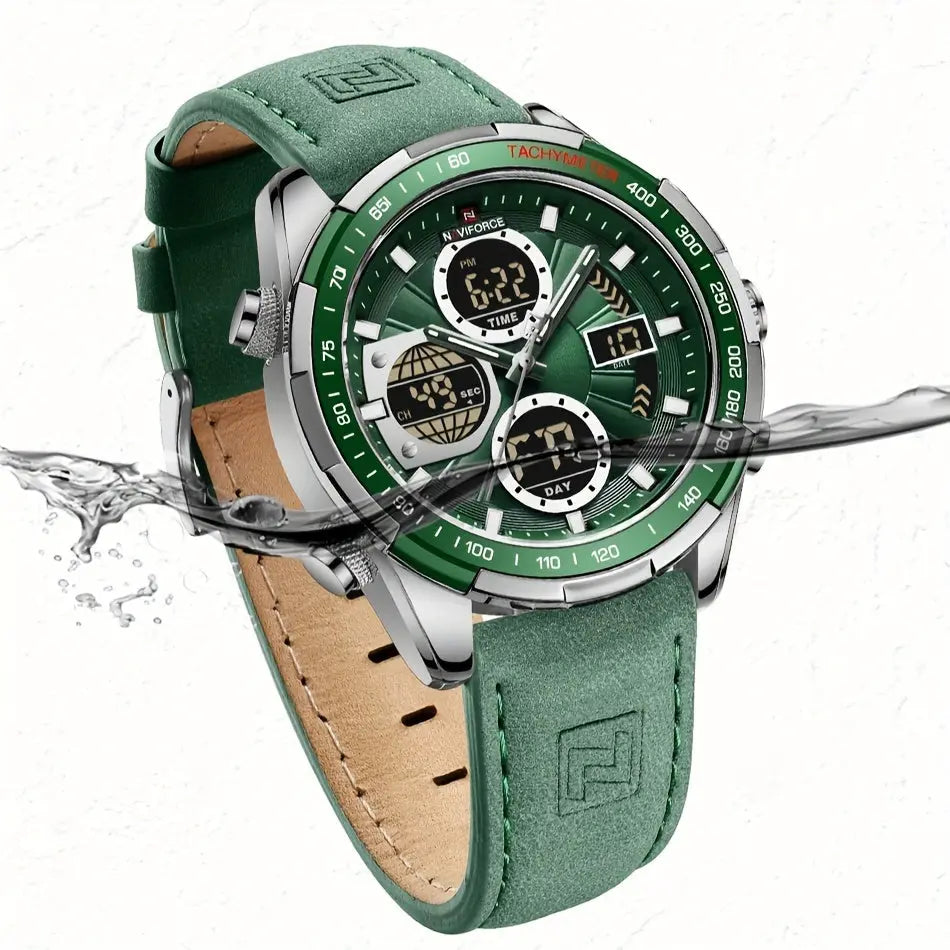 Leather waterproof watch for men by Alcom Distribution with green strap and silver case submerged in water