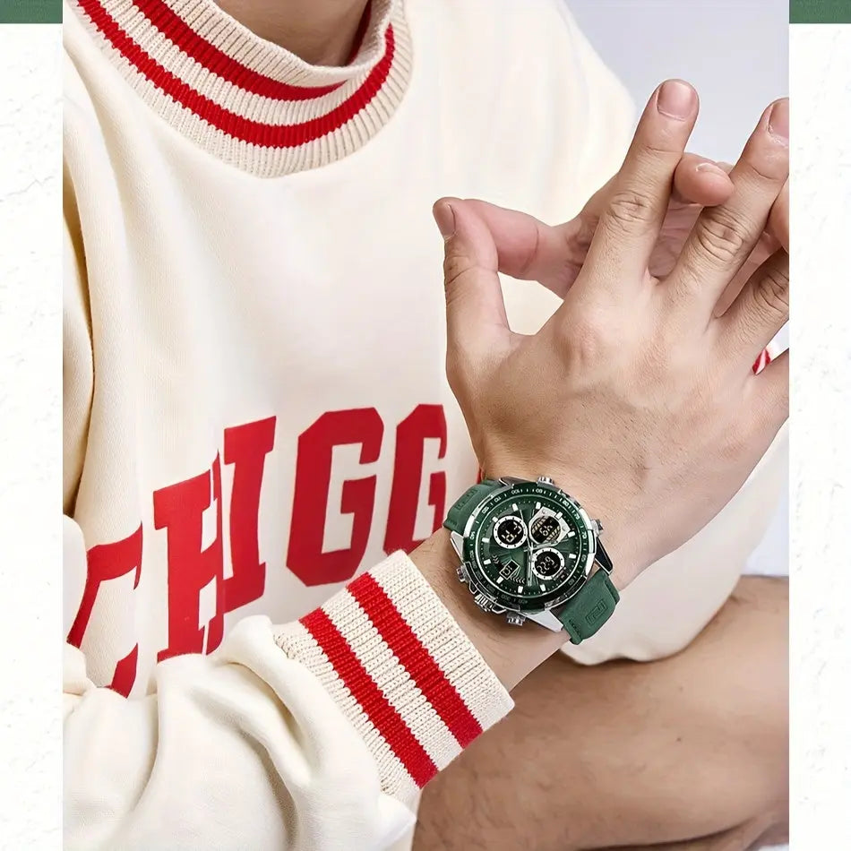 Alcom Distribution leather waterproof watch for men with green strap and chronograph on wrist
