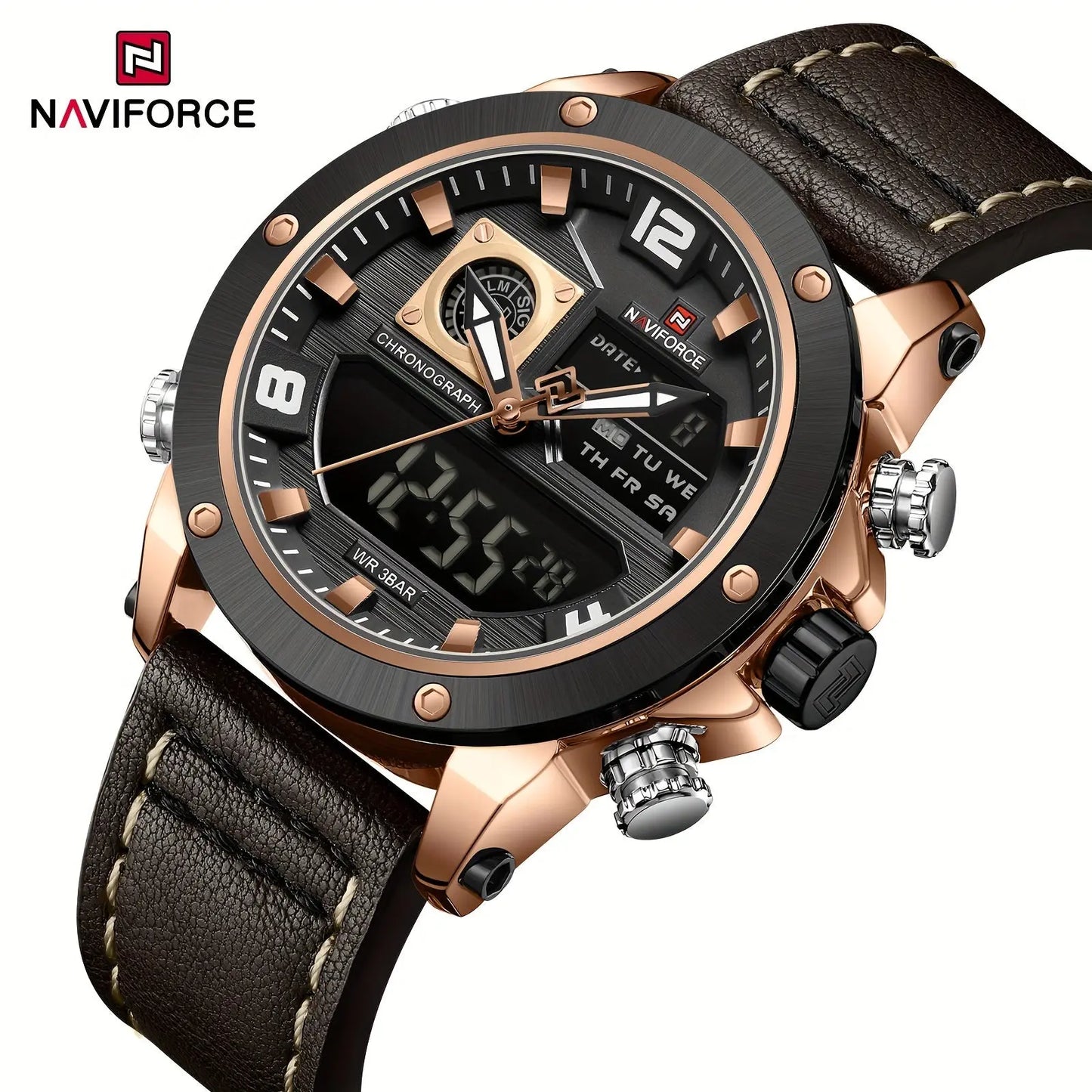 Luminous sports watch for men by Alcom Distribution with rose gold case and black leather strap