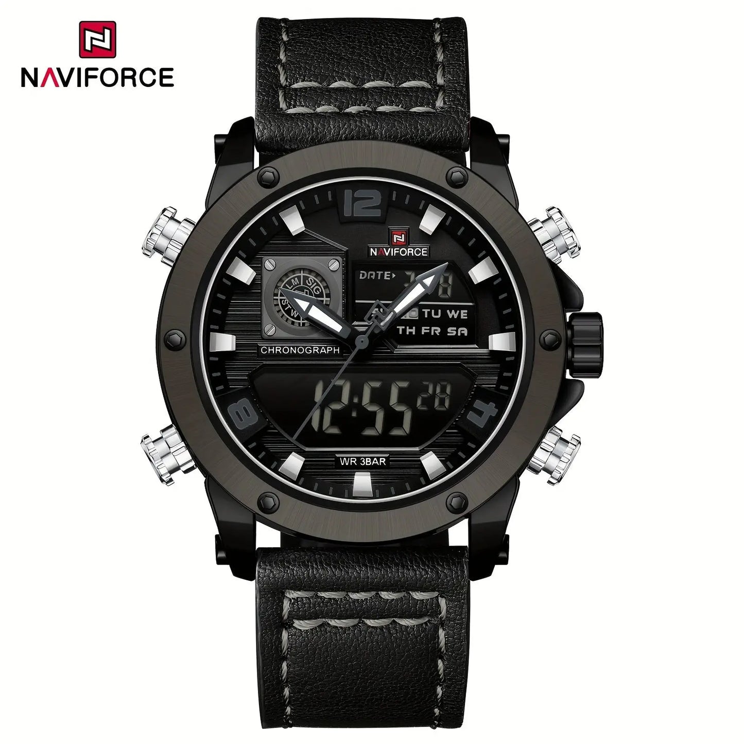 Naviforce luminous sports watch for men with black leather strap and chronograph features