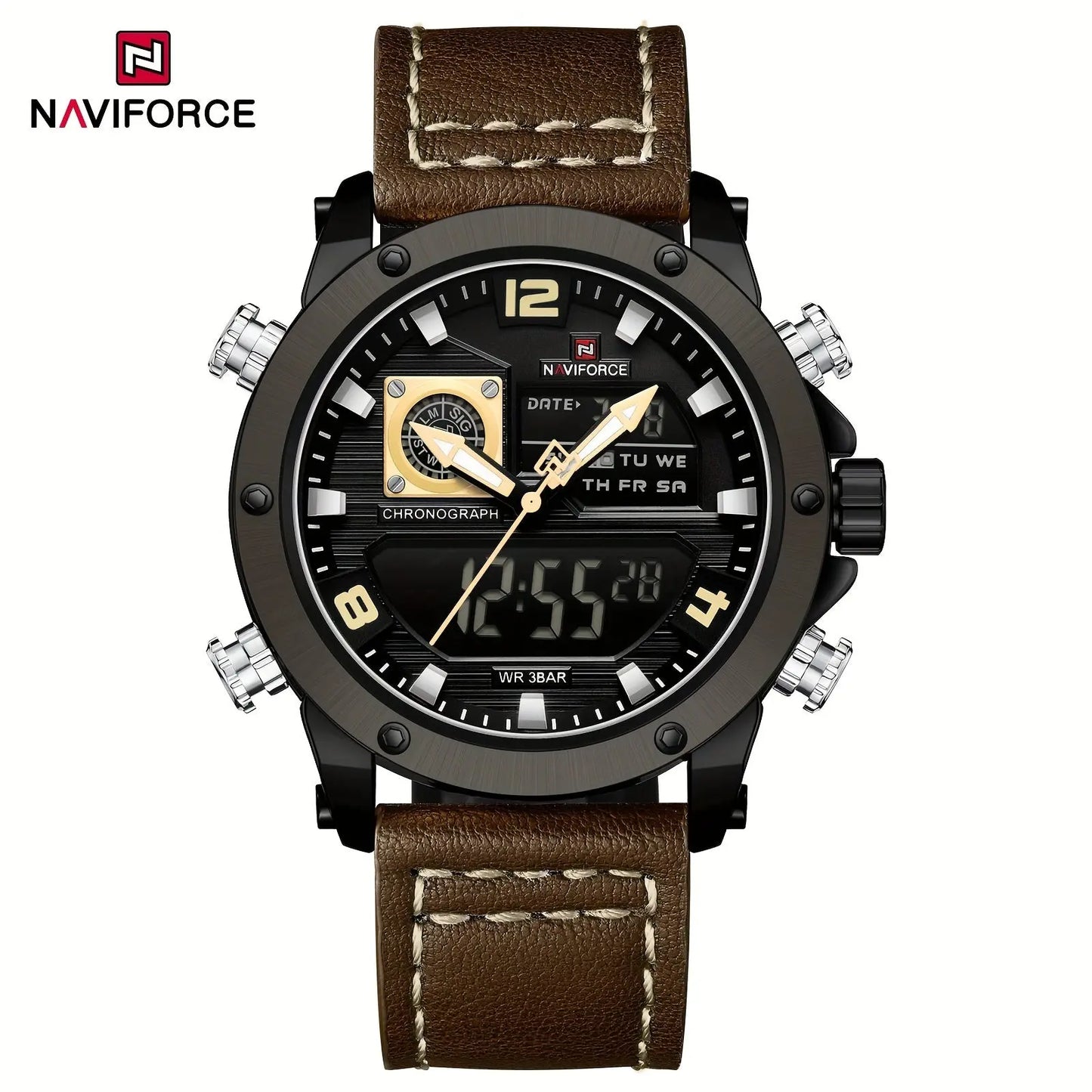 Naviforce luminous sports watch for men with black dial and brown leather strap by Alcom Distribution