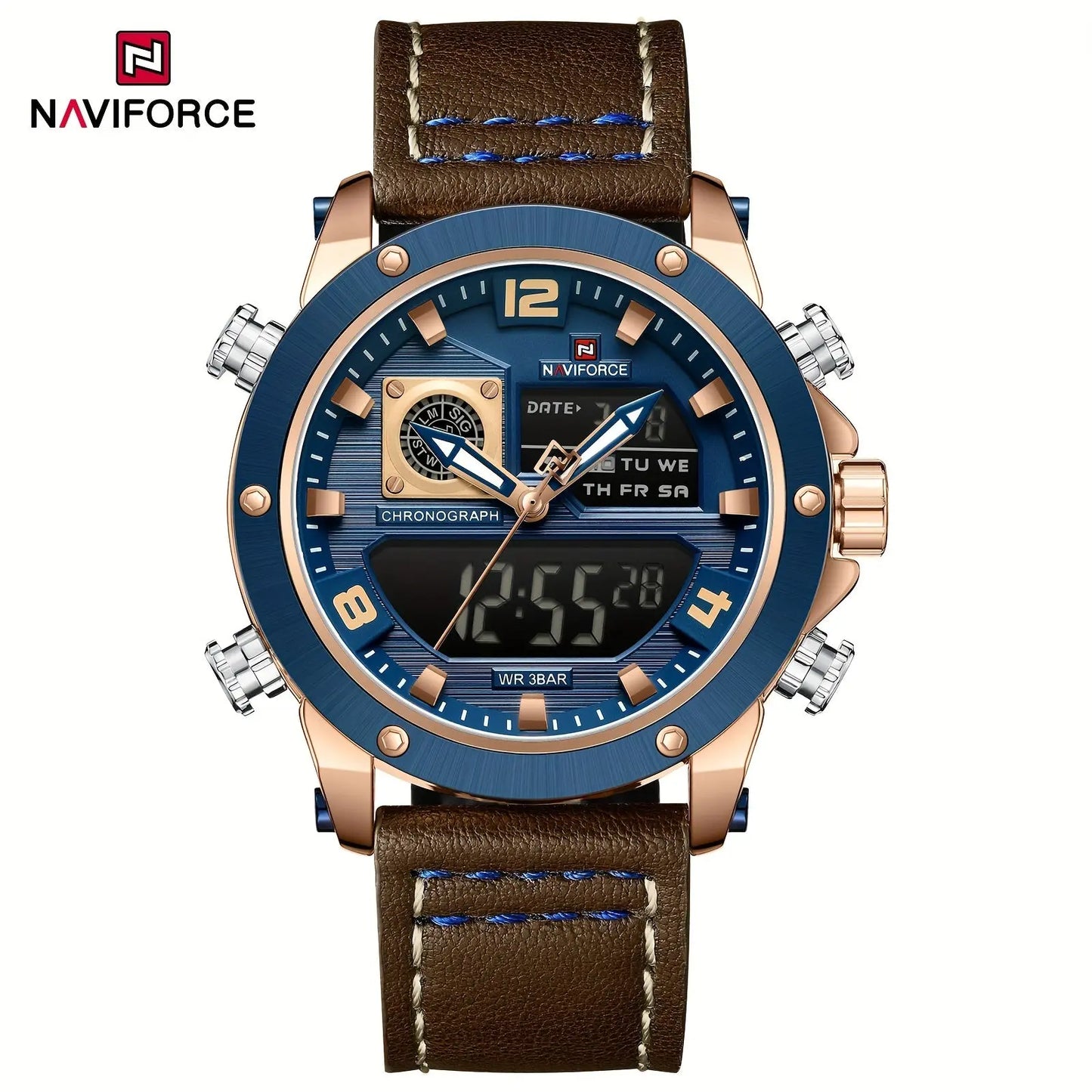 Luminous sports watch for men by Alcom Distribution with brown leather strap and blue dial