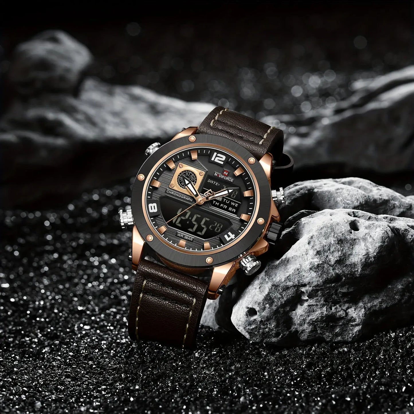 Alcom Distribution luminous sports watch for men with brown leather strap and multifunction dial