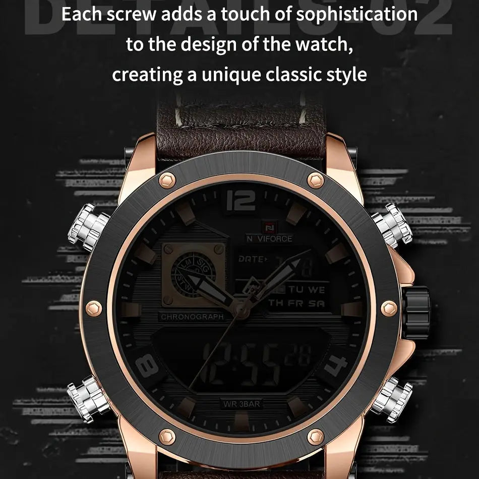 Luminous sports watch for men by Alcom Distribution with black dial and brown leather strap