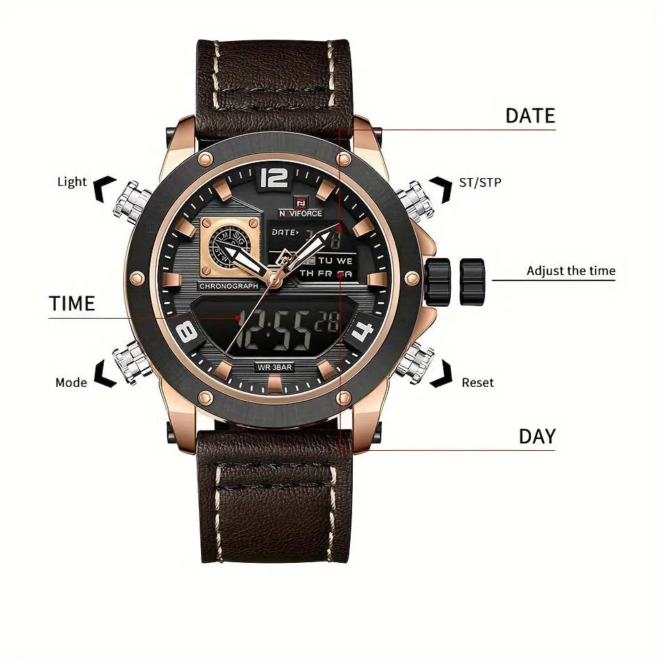 Alcom Distribution luminous sports watch for men with brown leather strap and multi-function dial