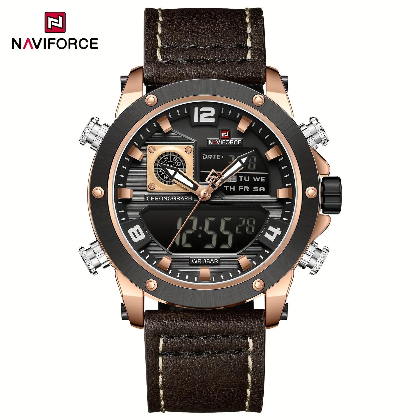 Luminous sports watch for men with brown leather strap and chronograph features by Alcom Distribution