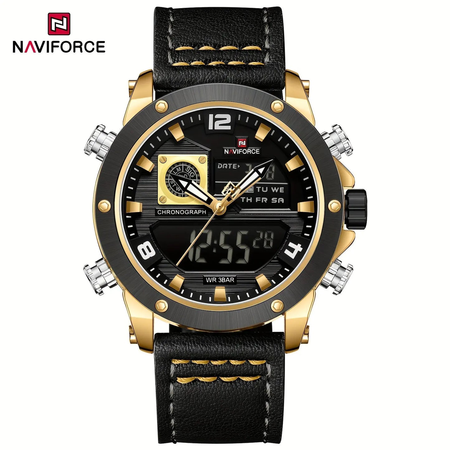 Luminous sports watch for men by Alcom Distribution with black leather strap and gold-tone case