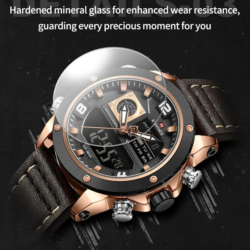 Alcom Distribution luminous sports watch for men with brown leather strap and rose gold case