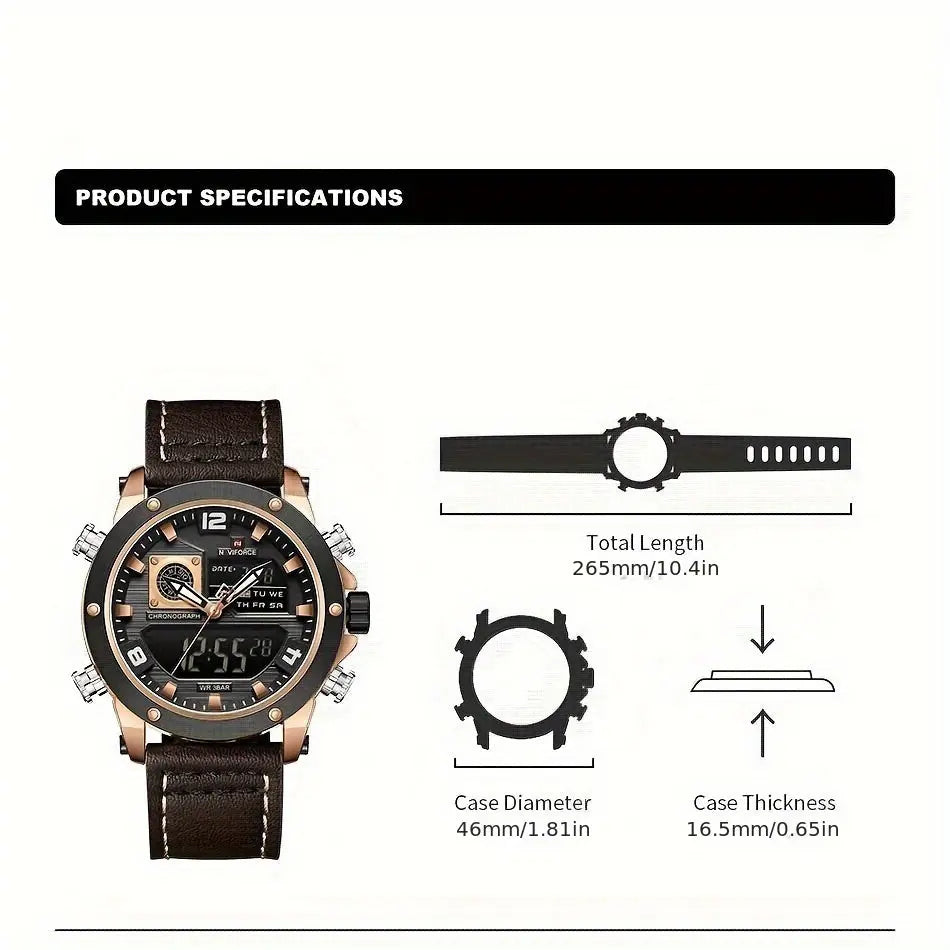 Luminous sports watch for men by Alcom Distribution with leather strap and detailed case measurements