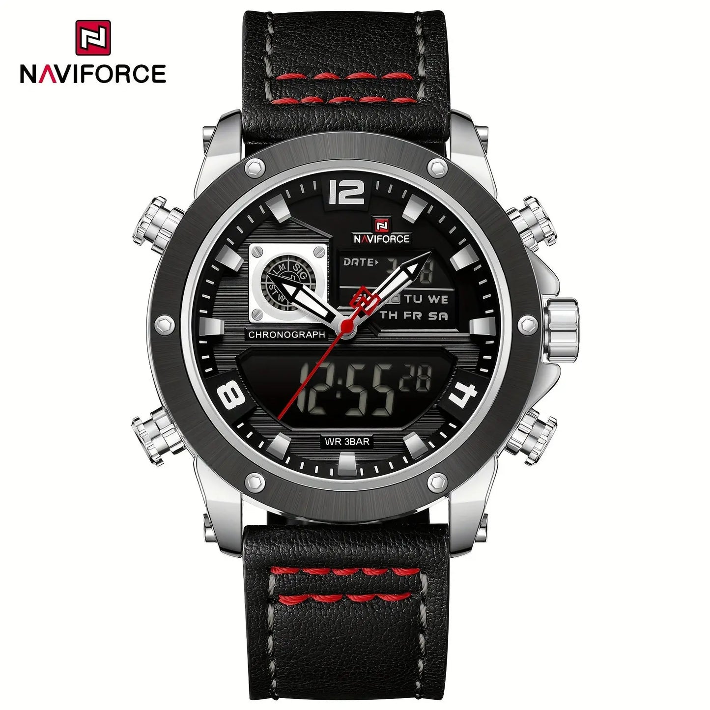 Luminous sports watch for men by Alcom Distribution with black dial and leather strap