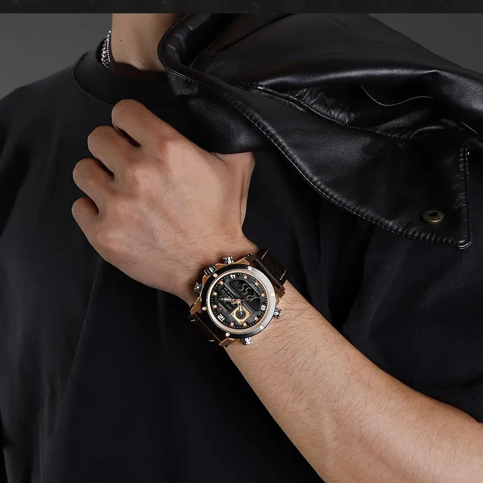 Luminous sports watch for men with black and gold dial worn on wrist by man in black shirt