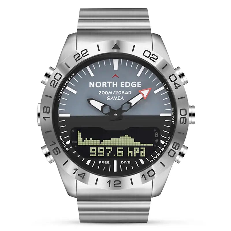 North Edge dive watch with stainless steel band and digital pressure display by Alcom Distribution