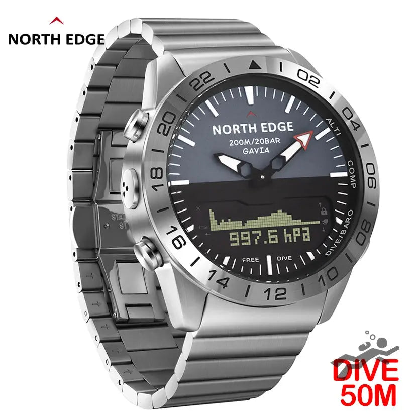 North Edge dive watch with stainless steel band and digital barometer display by Alcom Distribution