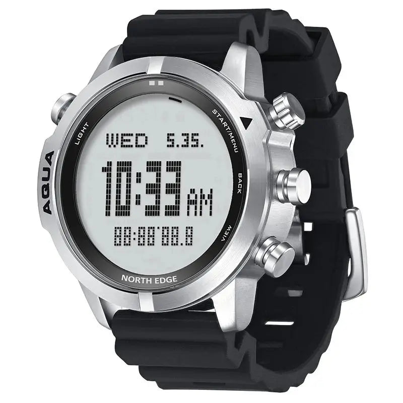 Alcom Distribution dive watch with digital compass featuring a silver case and black rubber strap