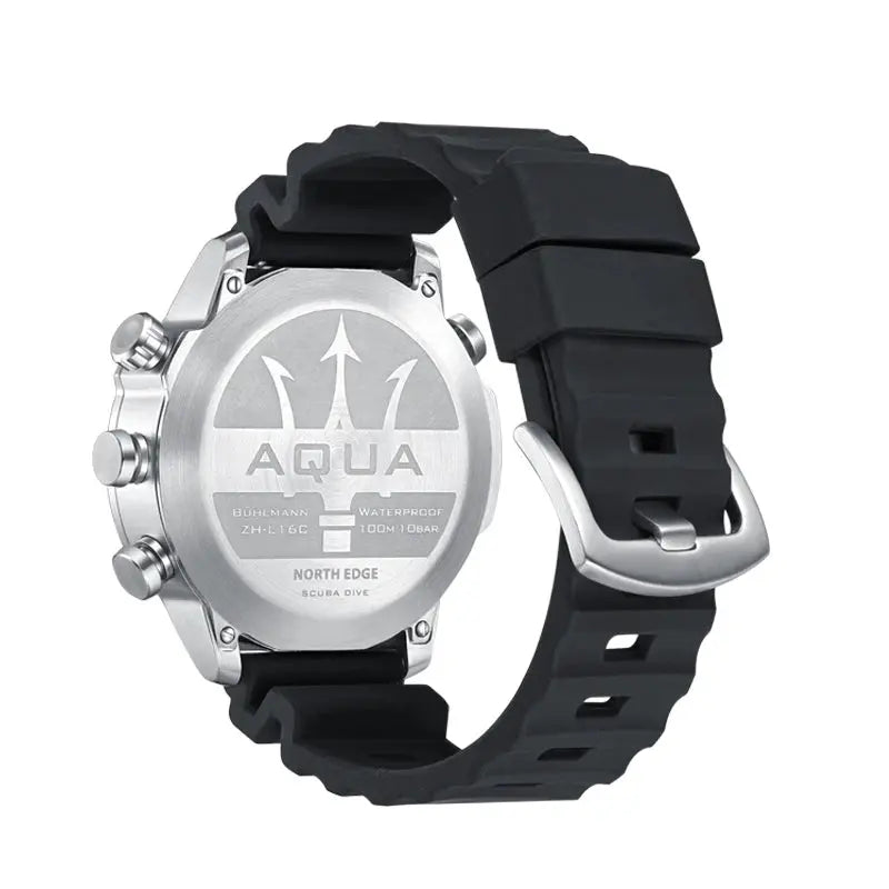 Alcom Distribution dive watch with digital compass featuring stainless steel back and black rubber strap