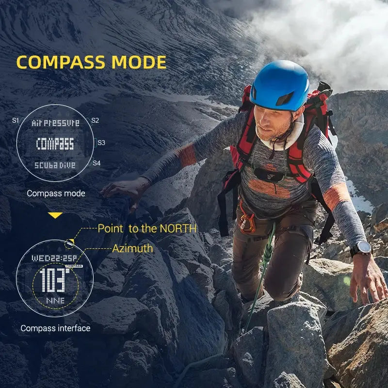 Alcom Distribution dive watch with digital compass showing compass mode and interface during mountain climbing