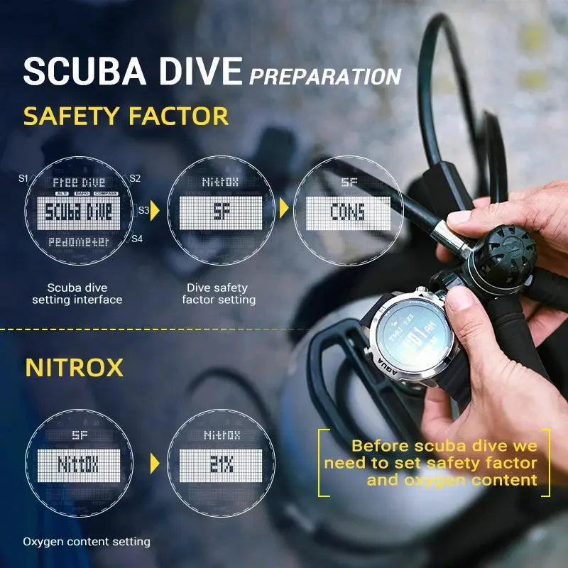 Alcom Distribution dive watch with digital compass showing scuba dive safety factor and nitrox oxygen content settings