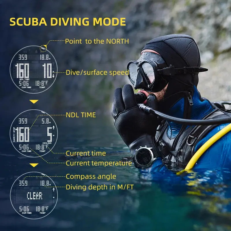 Alcom Distribution dive watch with digital compass worn by scuba diver in full gear showing dive mode features