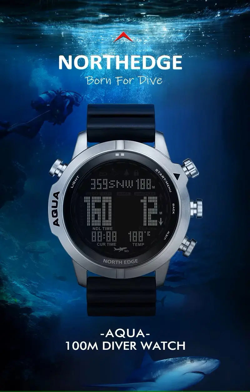 Alcom Distribution Northedge dive watch with digital compass featuring 100m water resistance and black strap