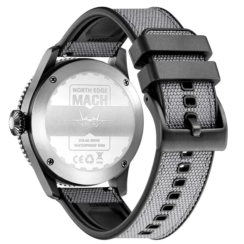 Back view of NORTH EDGE solar watch with gray fabric strap and black buckle by Alcom Distribution