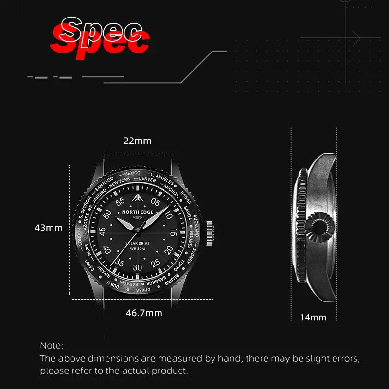 NORTH EDGE solar watch black dial with detailed size dimensions and metal case side view