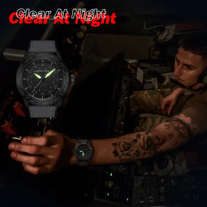 NORTH EDGE solar watch with glowing hands worn by a man operating equipment at night