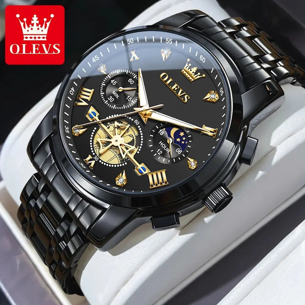 OLEVS classic multifunctional watches with black and gold dial and stainless steel bracelet by Alcom Distribution