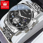 Alcom Distribution OLEVS classic multifunctional watches with silver metal band and black dial