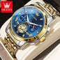 OLEVS classic multifunctional watches with blue dial and gold silver stainless steel band