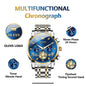OLEVS classic multifunctional watches with blue dial, moon phase, timer, flywheel, and two-tone metal band