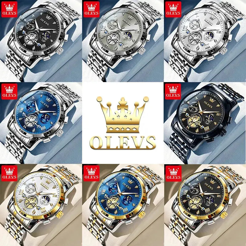 OLEVS classic multifunctional watches collection with stainless steel bands in various colors