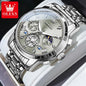 OLEVS classic multifunctional watches with silver metal band and detailed dial design