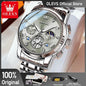 OLEVS silver classic multifunctional watches with metal band and detailed multi-dial face