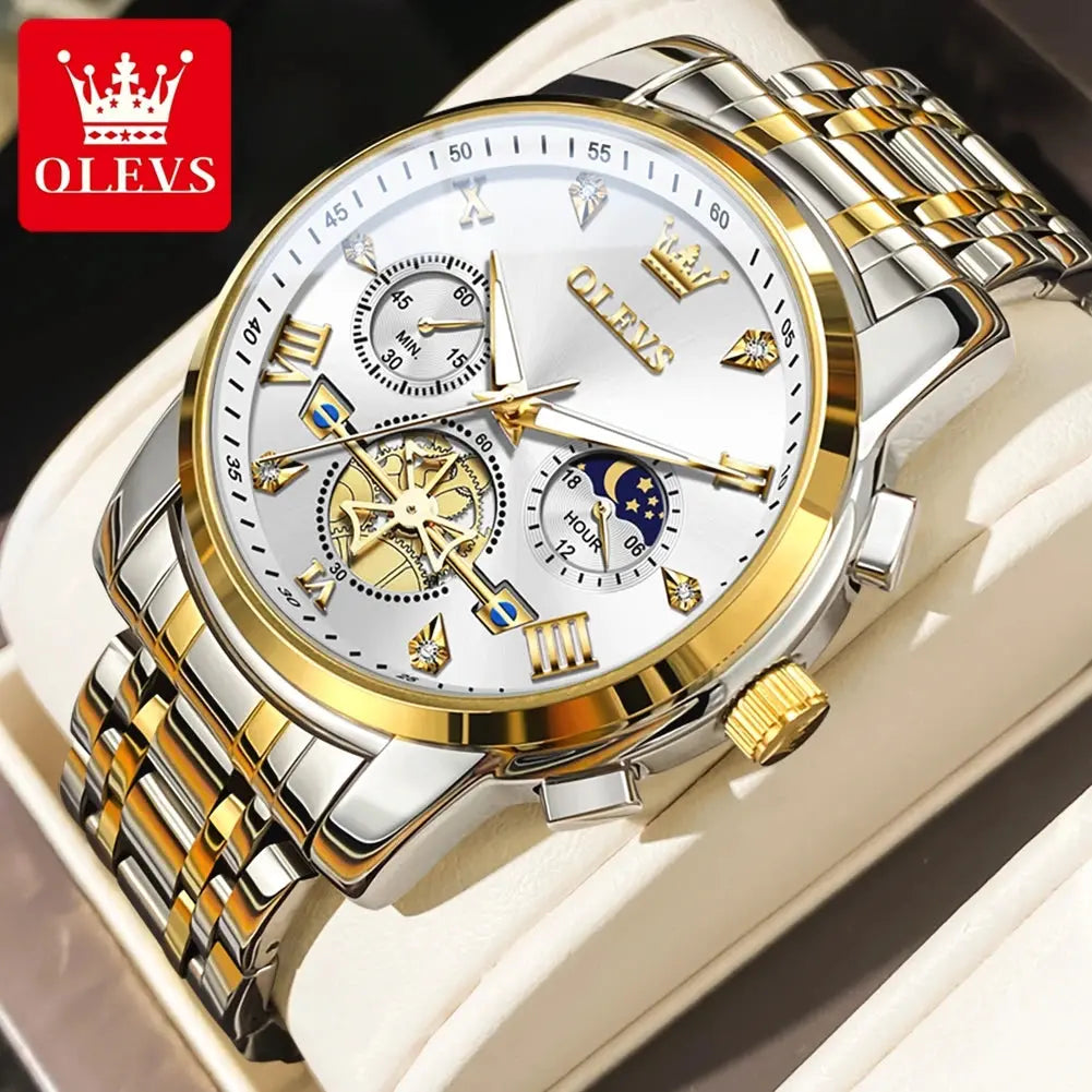 OLEVS classic multifunctional watches with gold and silver stainless steel band and detailed white dial